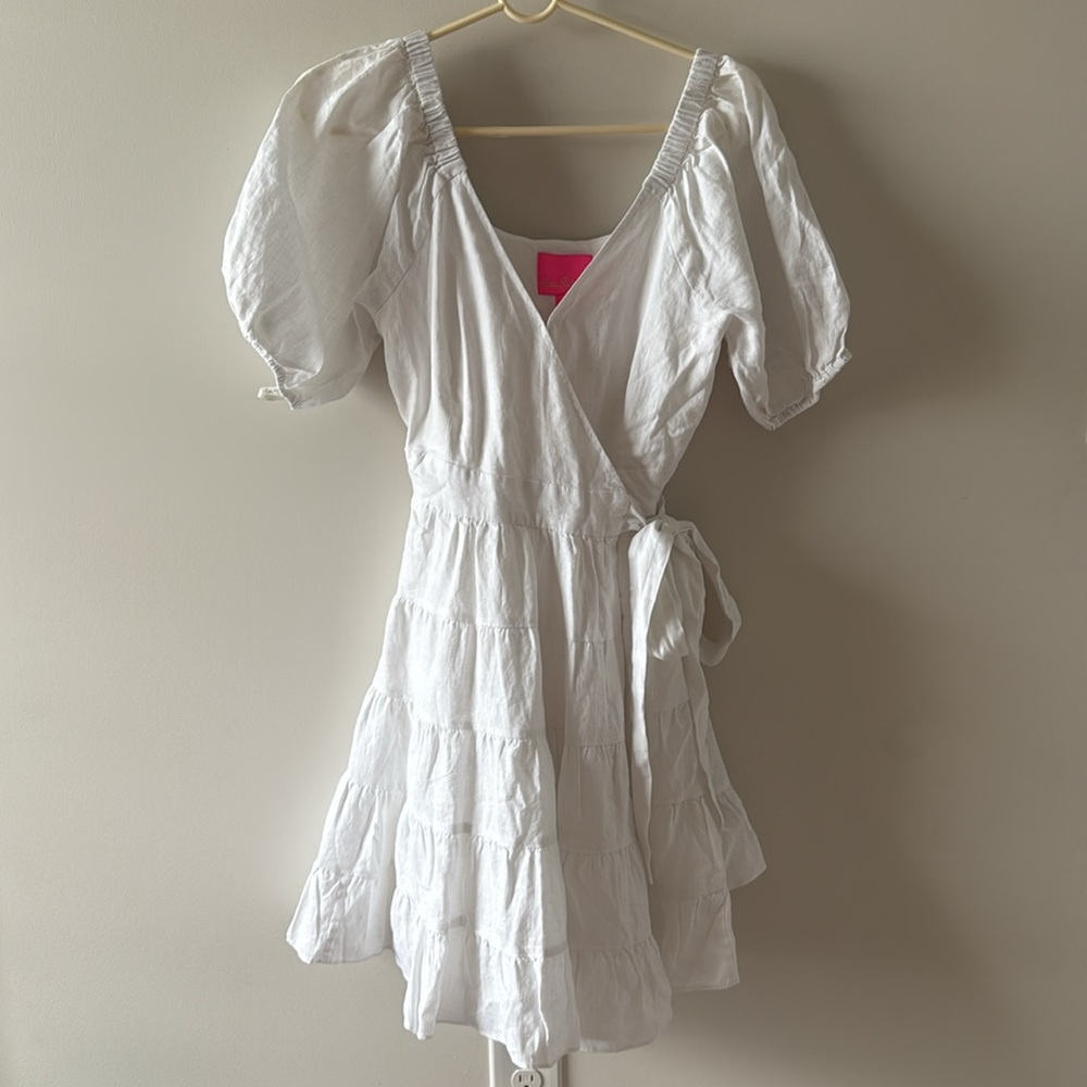 LILLY PULITZER DRESS IRALEE SHORT SLEEVE LINEN WHITE WRAP STYLE SIZE 4 - Picture 3 of 6